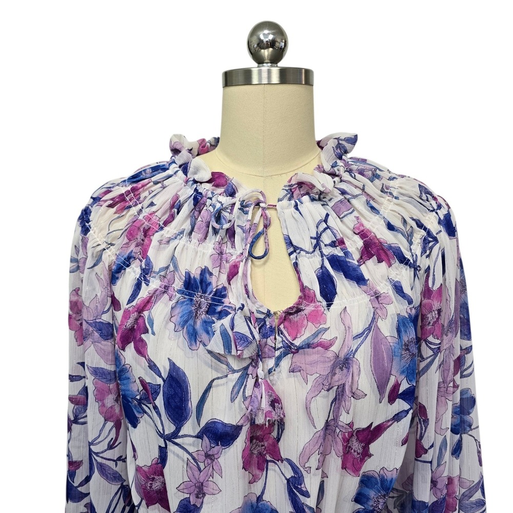 MISA Los Angeles Floral Print Ruffle Neck Dress XS Metallic Sheer - Picture 8 of 11